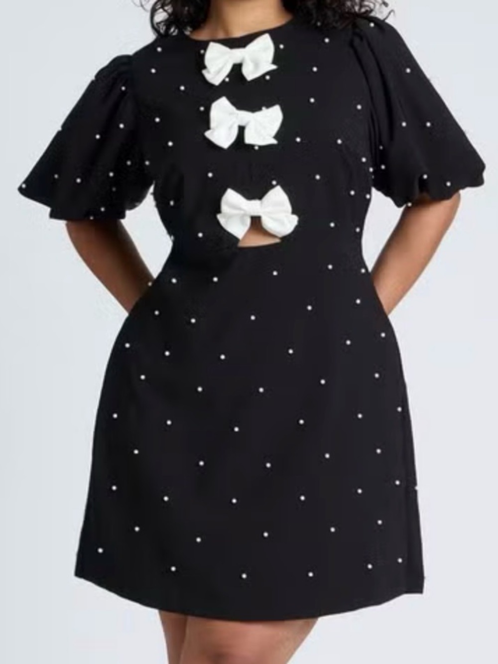 Eloquii Black Dress with White Bows and Pearl Accents
